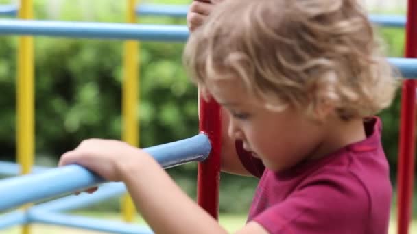 Toddler Baby Infant Playing Monkey Bars Playground — Stockvideo