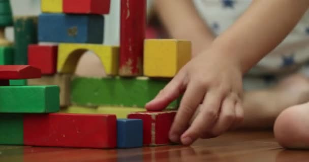 Toddler Boy Playing Toys Room Wooden Buildings Blocks2 — Vídeos de Stock