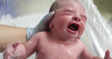 Newborn baby crying while taking bath after birth