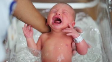 Newborn baby crying while being given a bath for the first time at hospital, first day of life
