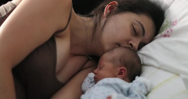 Mother Newborn Baby Asleep Next Each Other Bed — Wideo stockowe