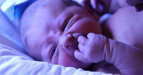 Newborn Baby Boy Getting Treated Jaundice Phototherapy Lamp — Stock video