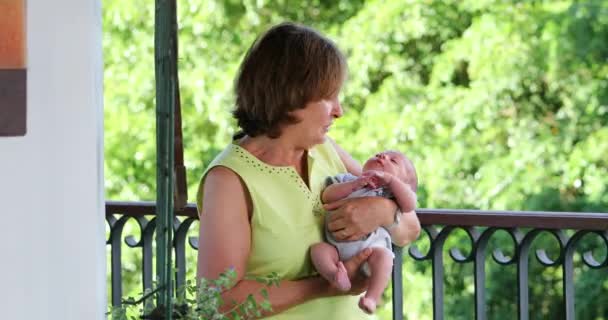 Candid Grand Mother Holding Newborn Baby Infant Her Arms — Vídeo de Stock