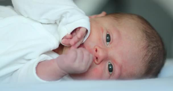 Infant Newborn Baby Lying Bed Observing — ストック動画