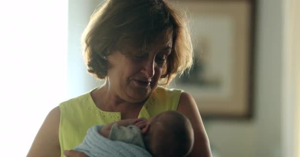 Happy Grand Mother Holding Newborn Baby Infant Arms Feeling Joy — Vídeo de Stock