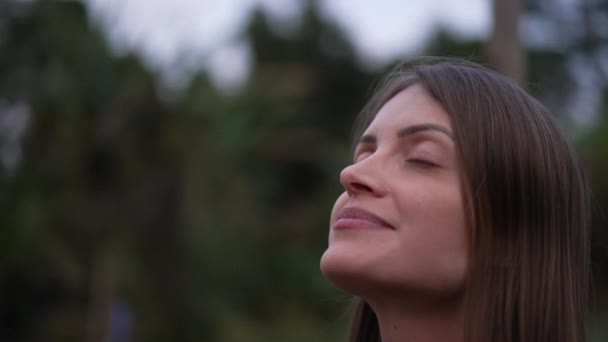 Woman Closing Eyes Meditation Contemplative Person Feeling Peace Evening — Video