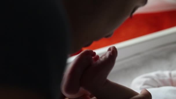 Mom Holding Newborn Baby Feet Kissing Showing Love Affection — Vídeo de Stock