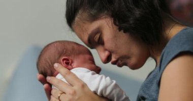Mother and newborn baby interaction mom kissing infant during first day of life showing love and affection