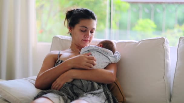 Candid Mother Holding Newborn Baby Home Sofa — Vídeos de Stock