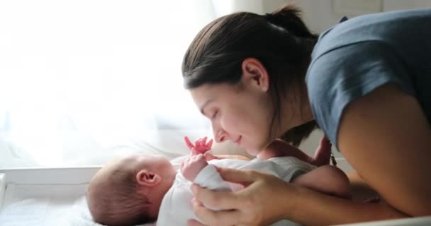 Mother Looking Newborn Baby Showing Love Affection First Days Life — Vídeos de Stock