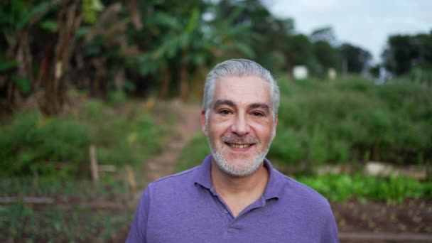 Happy Older Man Walking Forward Farm Senior Person Portrait Face — Stockvideo