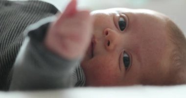 Cute baby infant toddler layed in bed looking to camera
