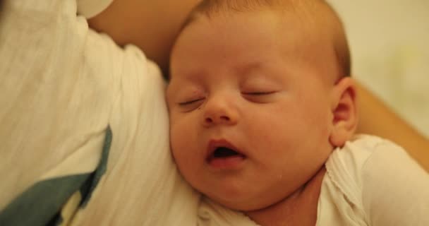 Baby Portrait Sleeping Mom Closing Infant Mouth — Stock Video