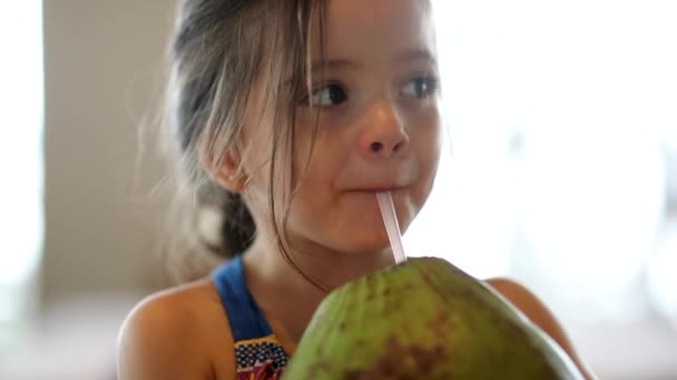 Girl Child Drinking Coconut Fruit Water — Wideo stockowe