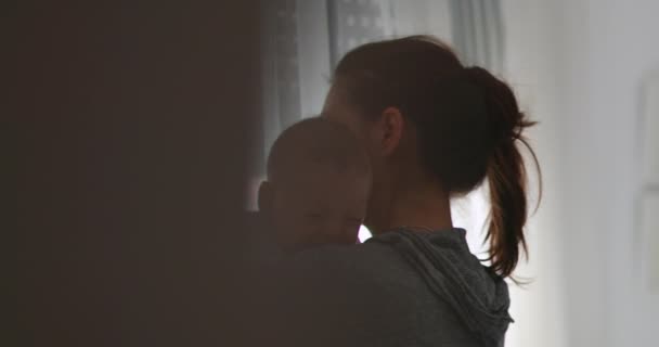 Revealing Mother Consoling Crying Newborn Baby Infant Embracing Good Transition — Stock Video