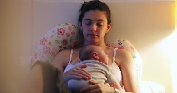Tired Mother Newborn Baby Home Resting — Video Stock