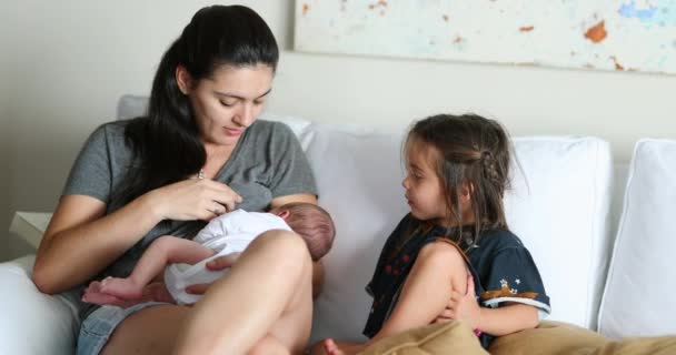 Candid Mother Holding Newborn Next Sibling Looking Baby Brother — Stockvideo