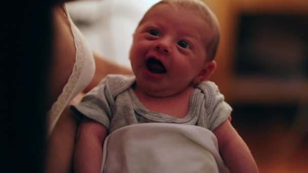 Closeup Newborn Baby Infant Smiling Happyduring First Month Life — Video