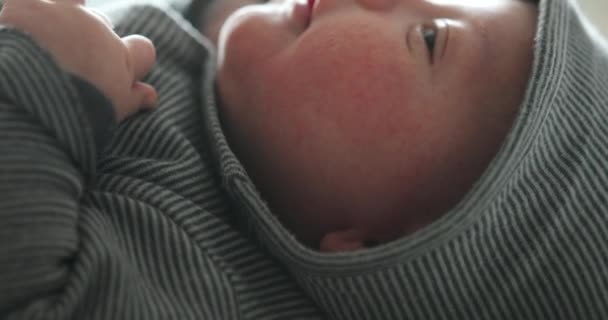 Cute Baby Toddler Wearing Hoodie Layed Bed — Stock videók