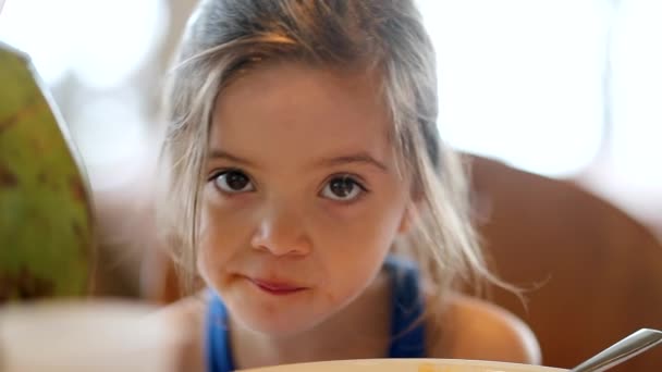 Portrait Little Girl Child Lunch Table — Vídeos de Stock