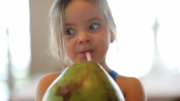 Girl Child Drinking Coconut Fruit Water — Video