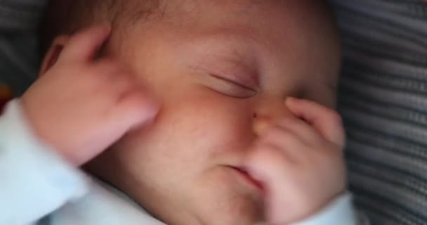 Cute Adorable Newborn Baby Sleeping Stretching Body Close Face Portrait — Stockvideo