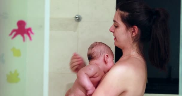 Mother Bathing Baby Son Shower Bonding Together — Stockvideo