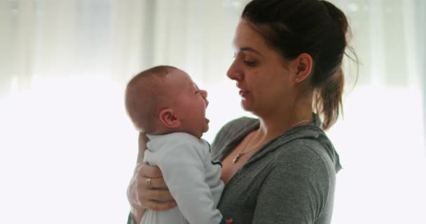 Casual Real Life Mom Consoling Crying Newborn Baby Son Home — Stock video