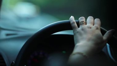 Woman hand holding steergin wheel driving on road