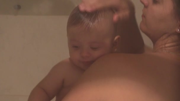 Casual Candid Authentic Mother Bathing Washing Baby Son Shower — Video