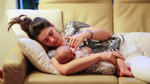 Candid Casual Mother Baby Infant Together Sofa Home — Stockvideo