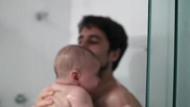 Father Holding Baby Son Shower Bathing Washing — Wideo stockowe