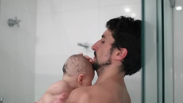 Father Holding Baby Shower Bathing Washing Dad Bonding Baby Son — Vídeo de Stock