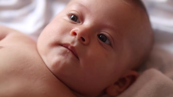 Cute Adorable Baby Infant Layed Bed Feeling Happy Joyful — Stockvideo