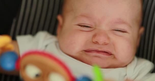 Upset Baby Infant Doing Grimace Unhappy Chair — Video Stock