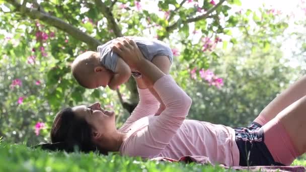 Mother Raising Baby Air Nature Authentic Candid Mother Child Love — Stock video