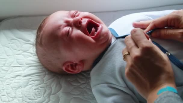 Sad Crying Upset Little Small Baby Newborn Having Tantrum — Vídeo de Stock