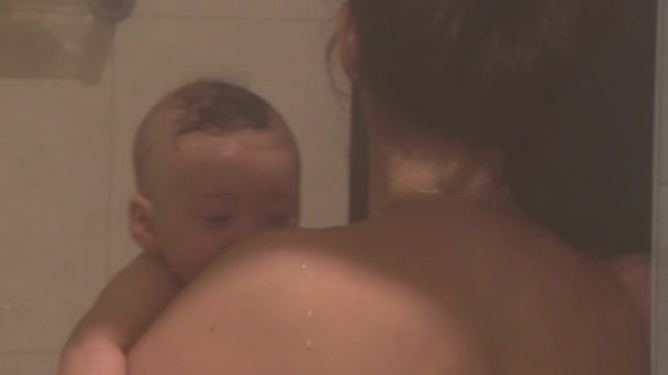 Mother Washing Bathing Baby Infant Son Shower Casual Authentic — Stock Video