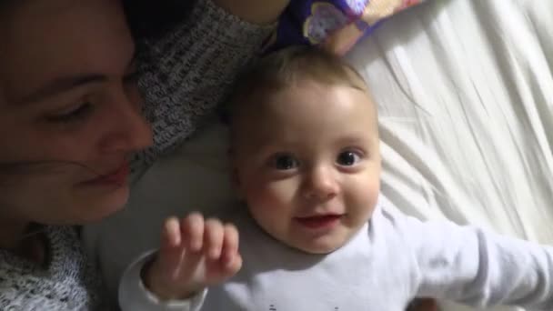Infant Mother Together Baby Wanting Touch Camera — Video