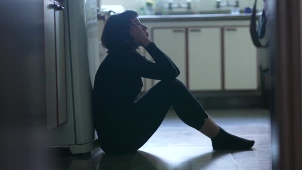 Depressed Young Woman Sitting Kitchen Floor Feeling Desperate Difficult Times — Αρχείο Βίντεο