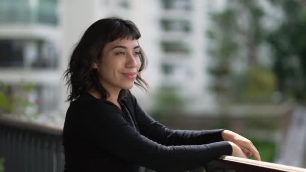 Happy Brazilian Woman Standing Home Balcony Apartment Smiling — Video