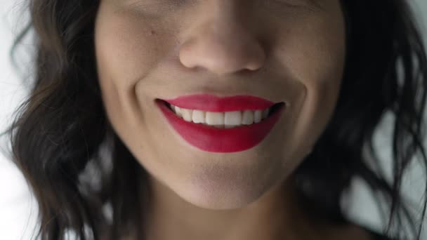 Closeup Woman Smiling Red Lipstick Macro Closeup Mouth Feeling Happy — Video Stock