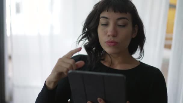 One Brazilian Woman Holding Tablet Looking Content Online Hispanic Latin — Vídeo de Stock