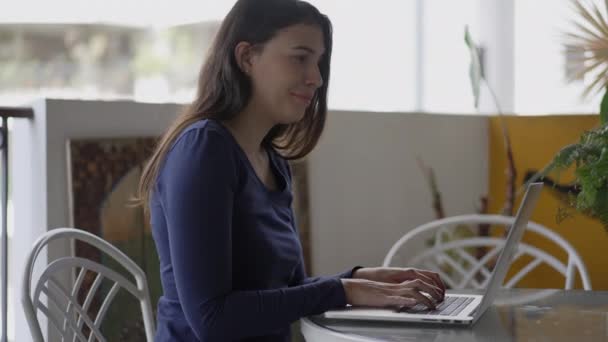 Portrait Female Worker Front Laptop Home Balcony Working Remotely — Αρχείο Βίντεο