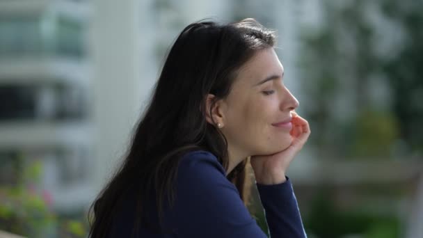 Carefree Happy Young Woman Smiling Standing Balcony Relaxed Person Feeling — Wideo stockowe