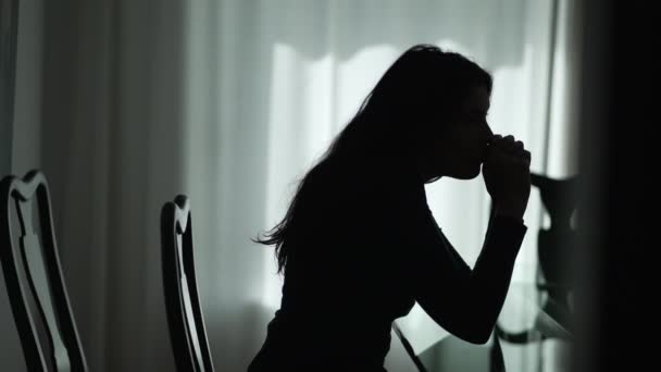 Silhouette One Depressed Young Woman Sitting Home Dark Lonely Girl — Video Stock