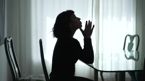 Silhouette Pensive Woman Sitting Home Window Thinking — Stockvideo