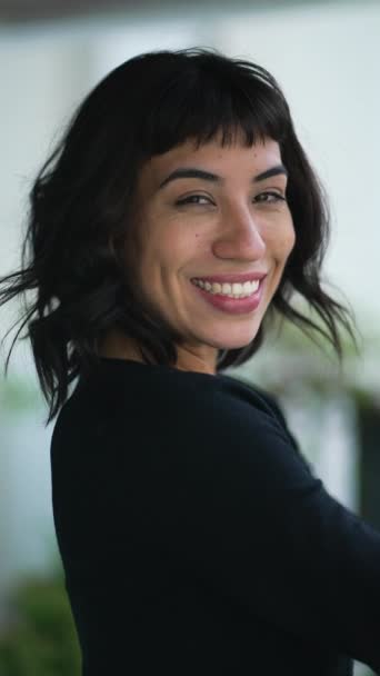 One Smiling Hispanic Woman Portrait Standing Vertical Video Beautiful Brazilian — Stockvideo