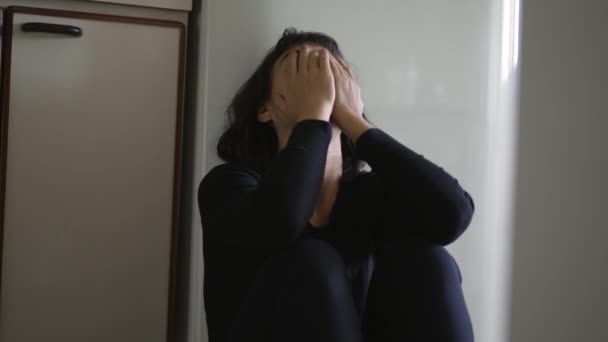 Struggling Woman Taking Deep Breath Suffering Alone Emotional Anxiety Sitting — Stok Video
