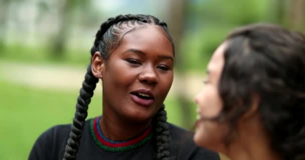 Two Diverse Friends Laughing Smiling Together Mixed Race Girlfriends Talking — Vídeos de Stock